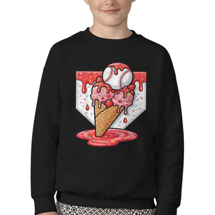 Baseball Ice Cream Drip Baseball Strawberry For Youth Red Youth Crewneck Sweatshirt