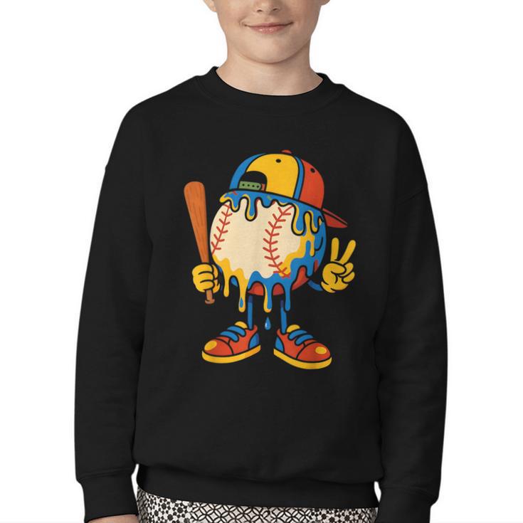 Baseball Ice Cream Drip Youth Back To School Baseball Stuff Youth Crewneck Sweatshirt