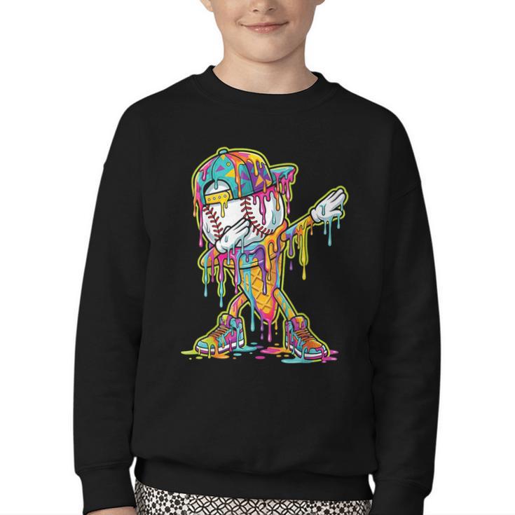 Baseball Ice Cream Dripping Dabbing Baseball Drip Youth Crewneck Sweatshirt