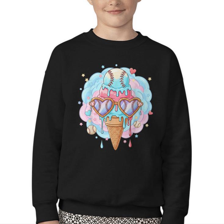 Baseball Ice Cream Heart Sunglasses Youth Boys Valentine Youth Crewneck Sweatshirt