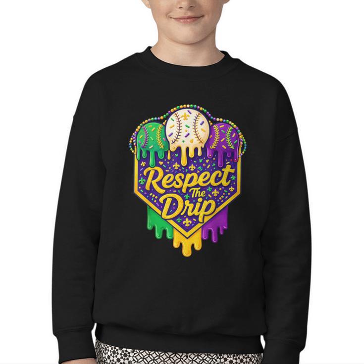 Baseball Ice Cream Respect The Drip Mardi Gras Carnival Boys Youth Crewneck Sweatshirt