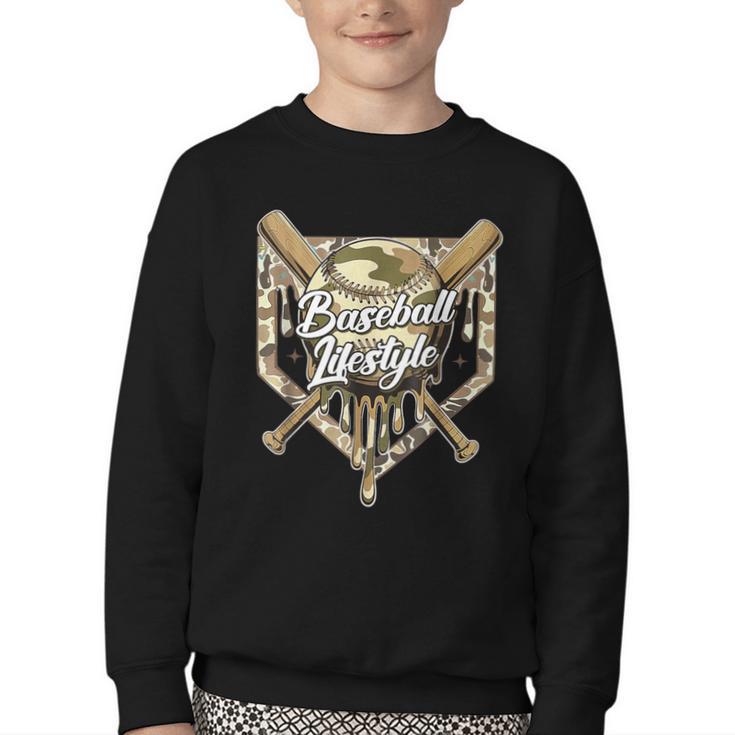 Baseball Life Lifestyle Home Plate Camo Ice Cream Drip Kids Youth Crewneck Sweatshirt