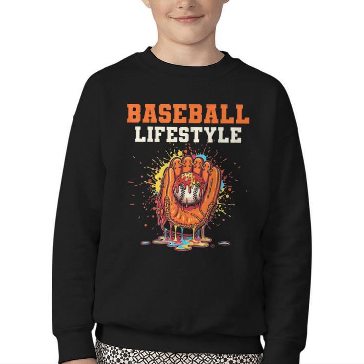 Baseball Lifestyle Ice Cream Drip Baseball Glove Crossed Bat Youth Crewneck Sweatshirt