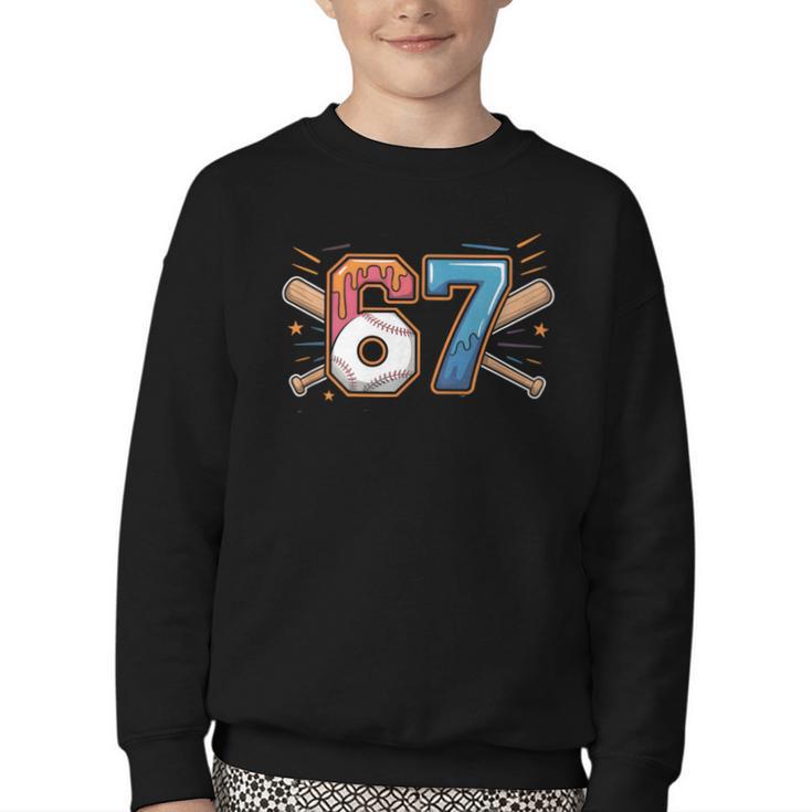Baseball Lover Drip Number 67 Player 67th Birthday Meme Youth Crewneck Sweatshirt