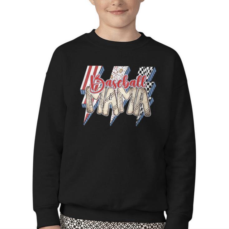 Baseball Mama Lightning Bolt Checkered Varsity Mother's Day Youth Crewneck Sweatshirt