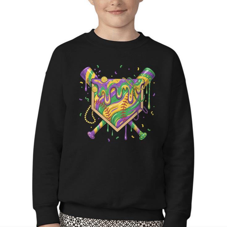 Baseball Mardi Gras Home Plate Ice Cream Drip Carnival Mask Youth Crewneck Sweatshirt