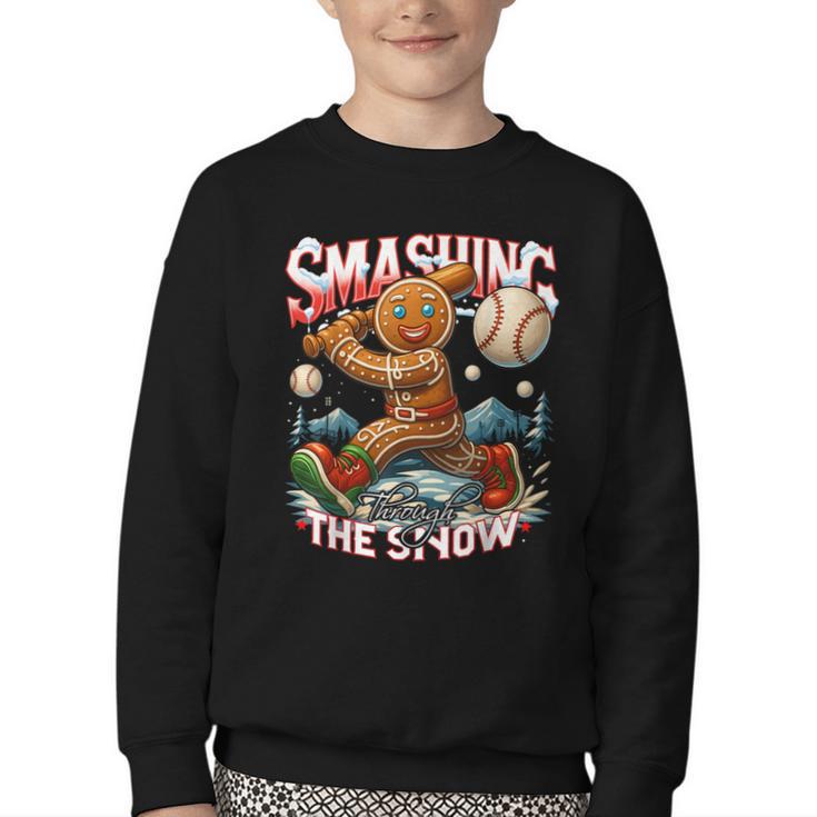 Baseball Player Christmas Gingerbread Smashing Through Snow Youth Crewneck Sweatshirt