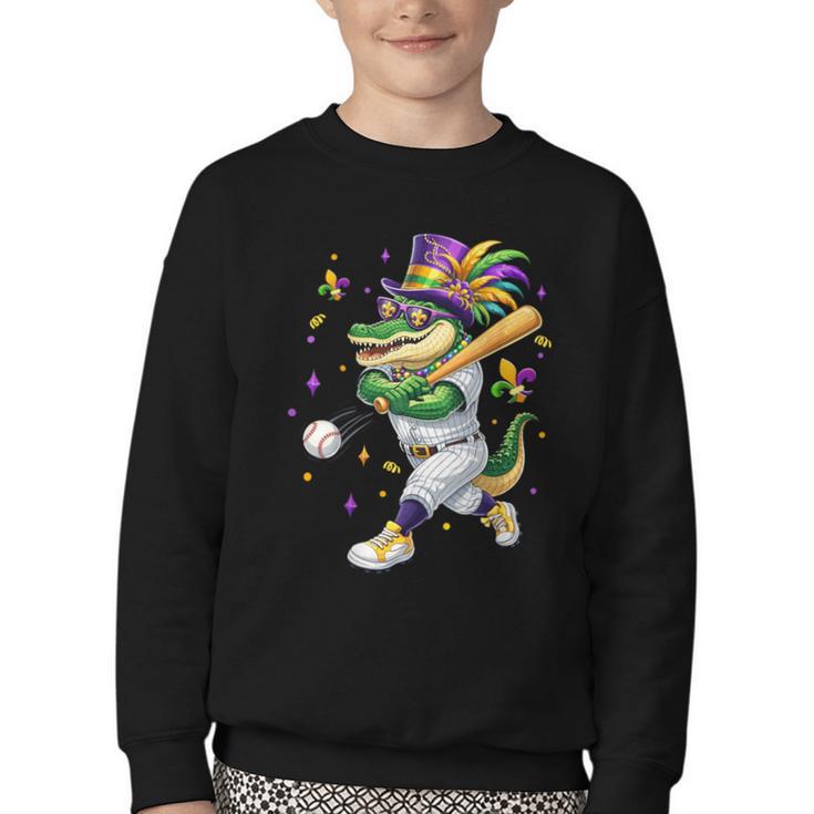 Baseball Player Mardi Gras Alligator Carnival Costume Beads Youth Crewneck Sweatshirt