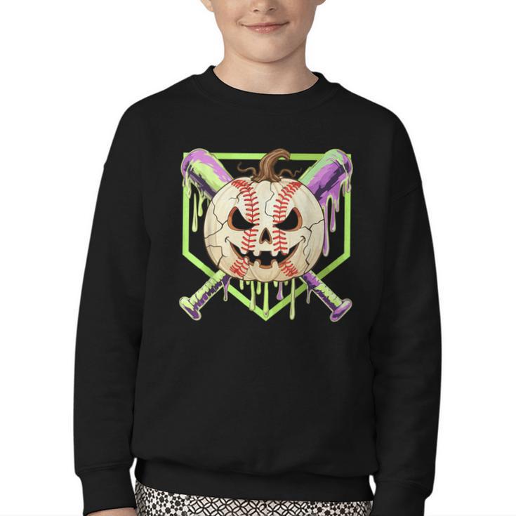 Baseball Pumpkin Halloween Baseball Drip Spooky Halloween Youth Crewneck Sweatshirt