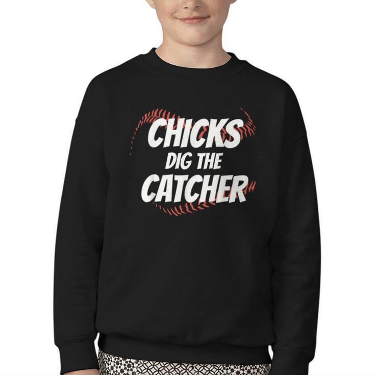 Baseball Seams Chicks Dig The Catcher Youth Crewneck Sweatshirt