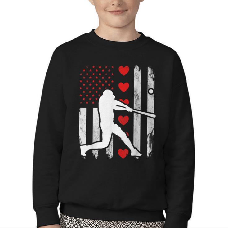 Baseball Silhouette Heart USA Flag Hearts American Boys Kids Youth Crewneck Sweatshirt