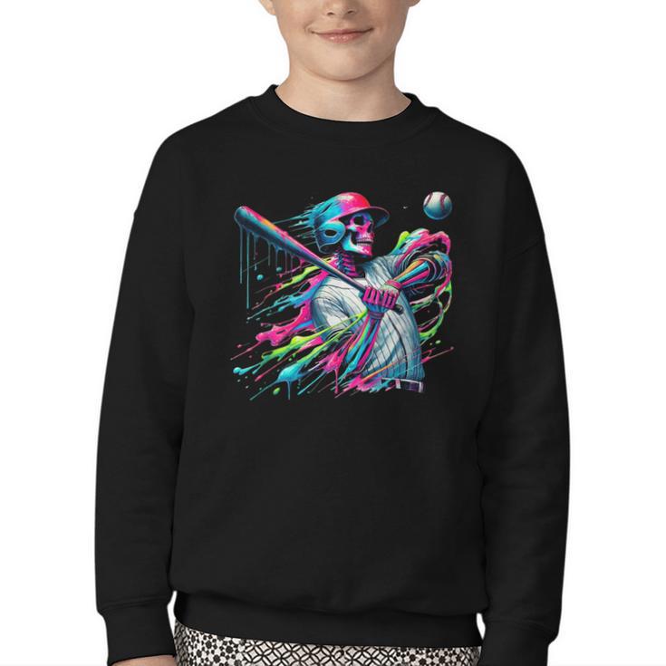 Baseball Skeleton Ice Cream Drip Baseball Boys Youth Youth Crewneck Sweatshirt