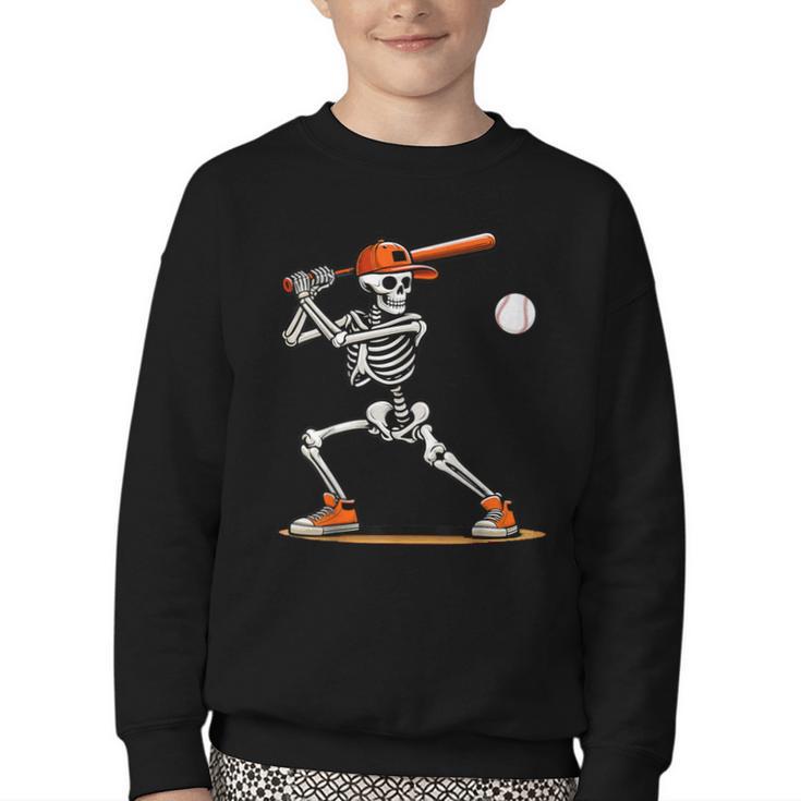 Baseball Skeleton Spooky Boys Halloween Baseball Player Youth Crewneck Sweatshirt
