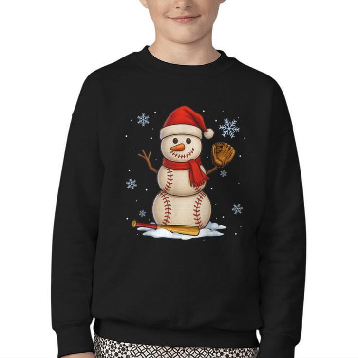 Baseball Snowman Merry Christmas Holiday Sports Xmas Pajamas Youth Crewneck Sweatshirt
