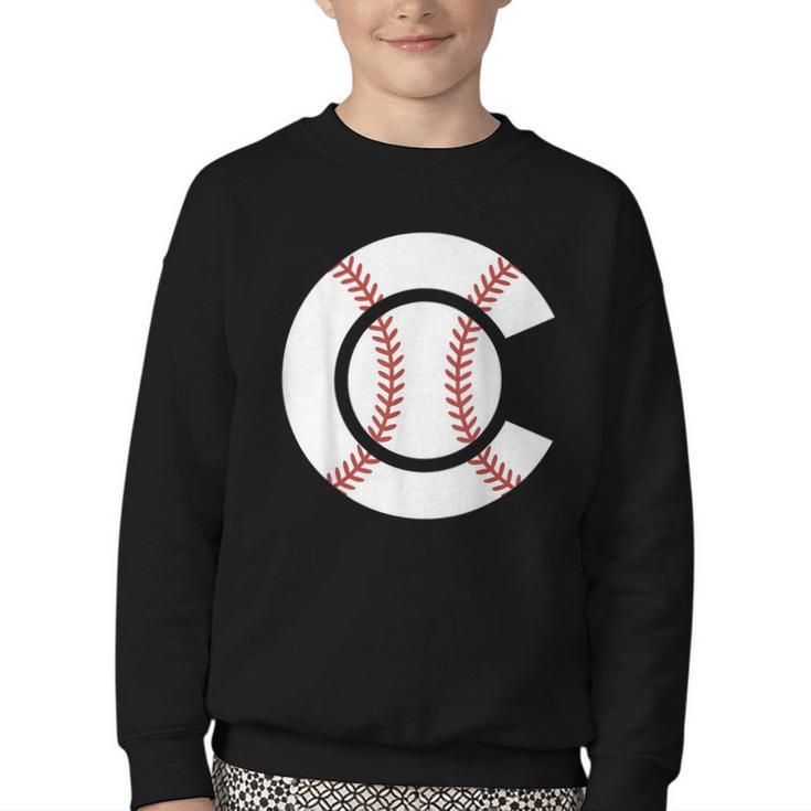 Baseball Sport Player Graphic Monogram Initial Letter C Youth Crewneck Sweatshirt