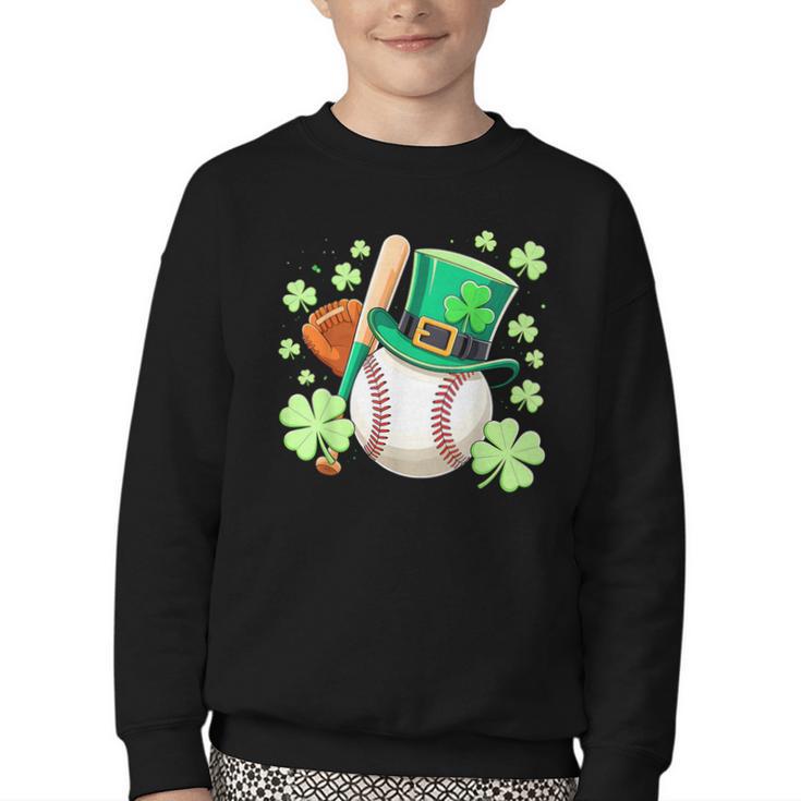 Baseball St Patricks Day Lucky Baseball Player Shamrock Youth Crewneck Sweatshirt