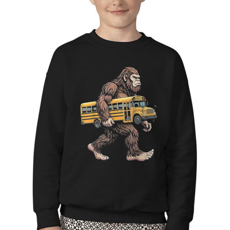 Bigfoot Carrying School Bus Sasquatch Back To School Youth Crewneck Sweatshirt