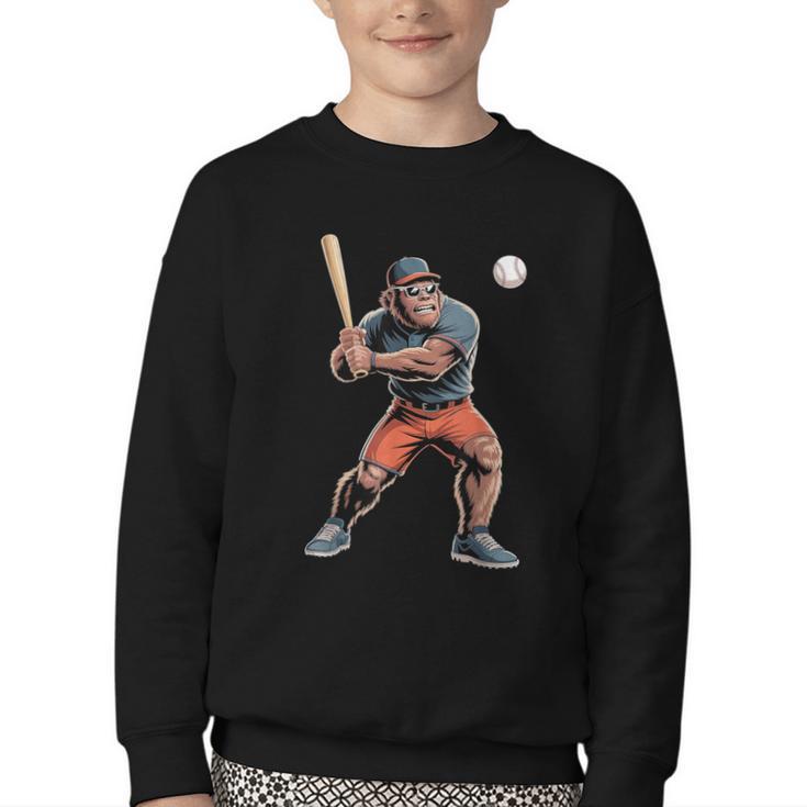 Bigfoot Playing Baseball Boys Kids Men Baseball Player Youth Crewneck Sweatshirt