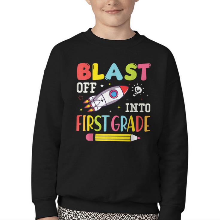 Blast Off Into First Grade Back To School Kids Rocket Space Youth Crewneck Sweatshirt