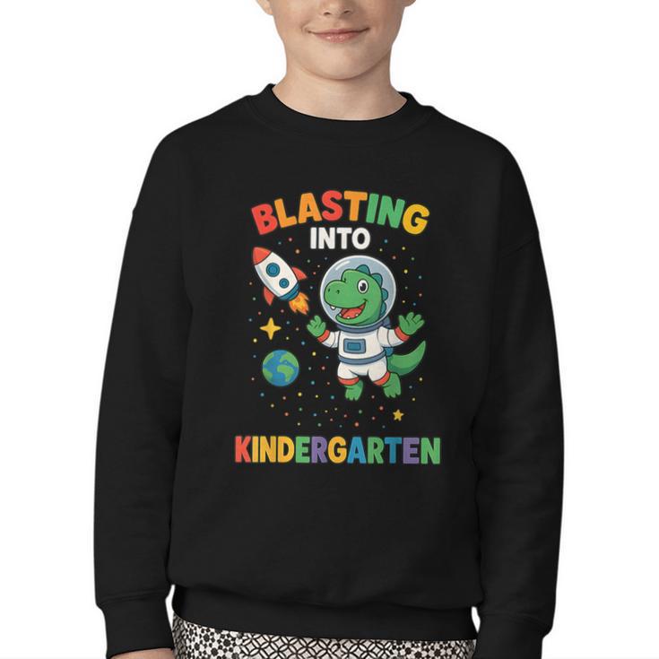 Blasting Into Kindergarten Dinosaur Astronaut Back To School Youth Crewneck Sweatshirt