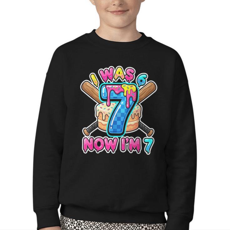 Blue Checkered I Was 6 Now I'm 7 Birthday Cake Baseball Drip Youth Crewneck Sweatshirt