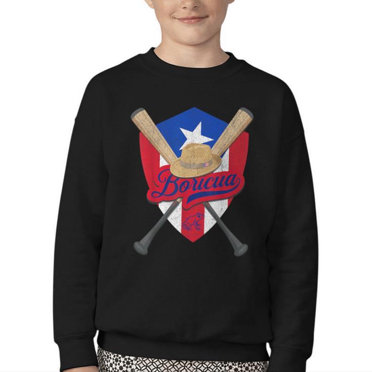 Boricua Puerto Rico Baseball Coqui Frog Pava Hat Fan Youth Crewneck Sweatshirt