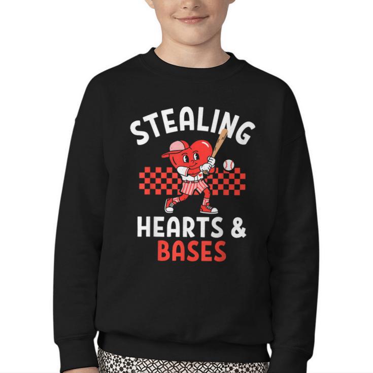 Boys Baseball Valentines Day Stealing Hearts Valentine Kids Youth Crewneck Sweatshirt
