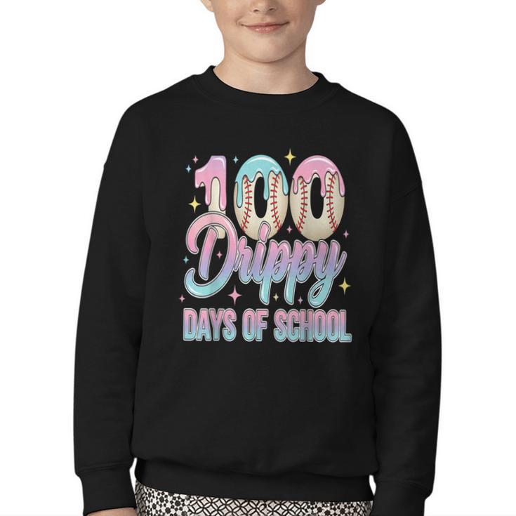 Boys Kids 100 Drippy Days Of School Baseball Drip Ice Cream Youth Crewneck Sweatshirt