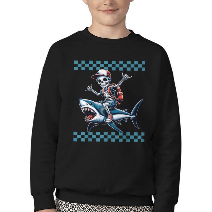 Boys Skeleton Riding a Shark Back To School Youth Crewneck Sweatshirt