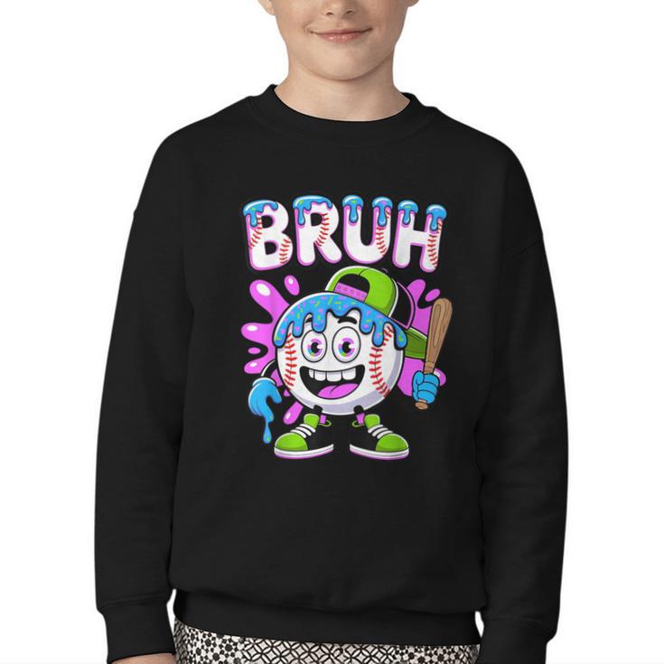 Bruh Baseball Drip Boys Youth Ice Cream Dripping Baseball Youth Crewneck Sweatshirt