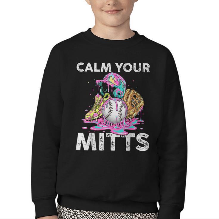 Calm Your Mitts Baseball Ice Cream Drip Crossed Bats Sport Youth Crewneck Sweatshirt
