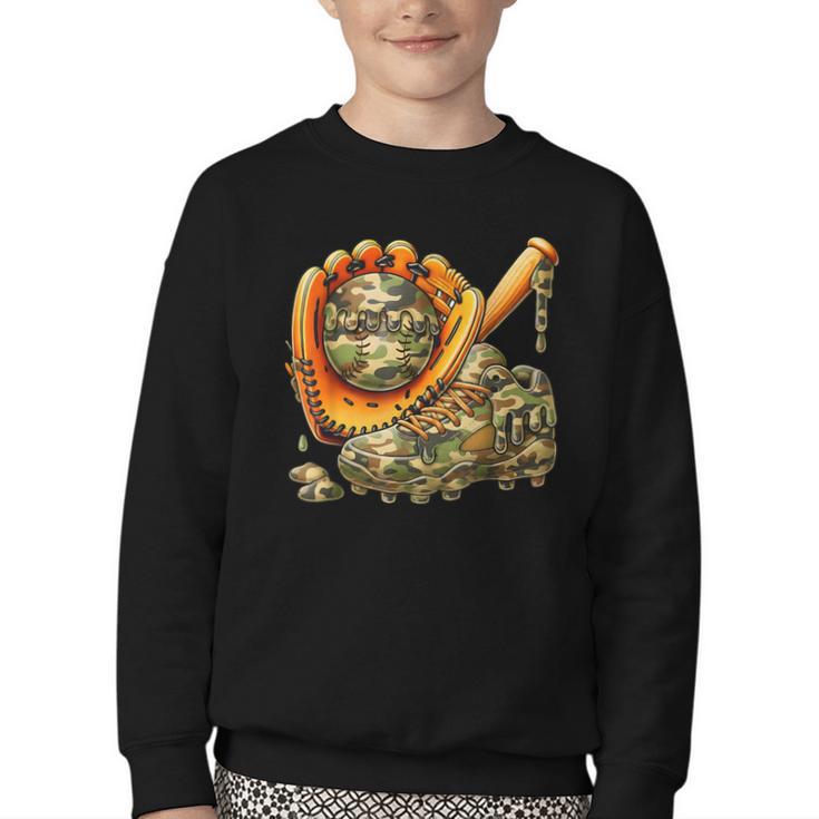 Camo Ice Cream Drip Baseball Stuff Baseball Drip Boys Youth Crewneck Sweatshirt