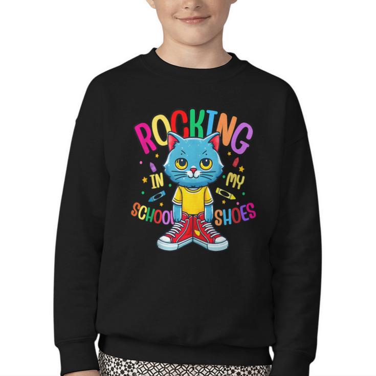 Cat Rocking I n My School Shoes Back To School Student Youth Crewneck Sweatshirt