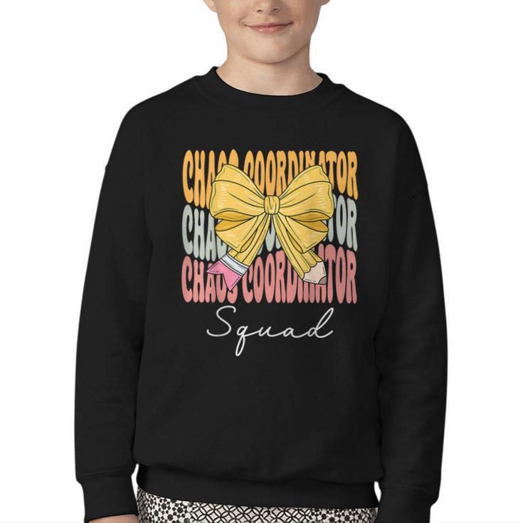 Chaos Coordinator Squad Groovy Coquette Bow Back To School Youth Crewneck Sweatshirt