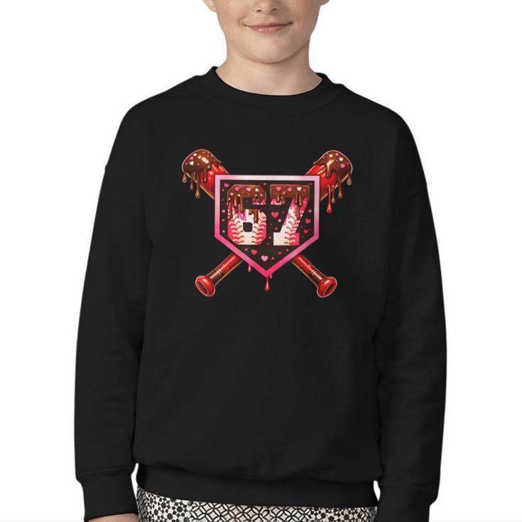 Chocolate 67 Drip Baseball Valentine Love Sports Youth Crewneck Sweatshirt