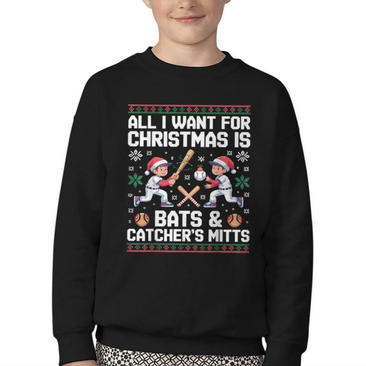Christmas Baseball Bats Catcher Mitts Holiday Tee Youth Crewneck Sweatshirt