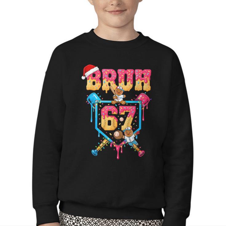 Christmas Gingerbread Bruh 67 Baseball Ice Cream Drip Kids Youth Crewneck Sweatshirt