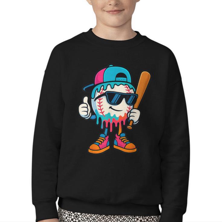 Cool Baseball Drip For Boys Ice Cream Drip Baseball Kids Youth Crewneck Sweatshirt