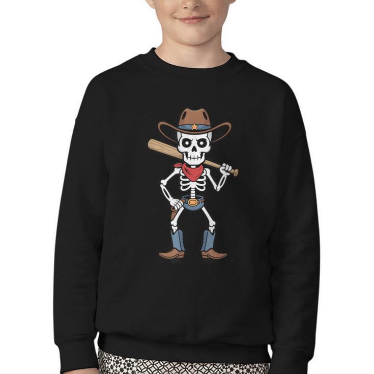 Cowboy Skeleton Baseball Halloween Graphic Youth Crewneck Sweatshirt
