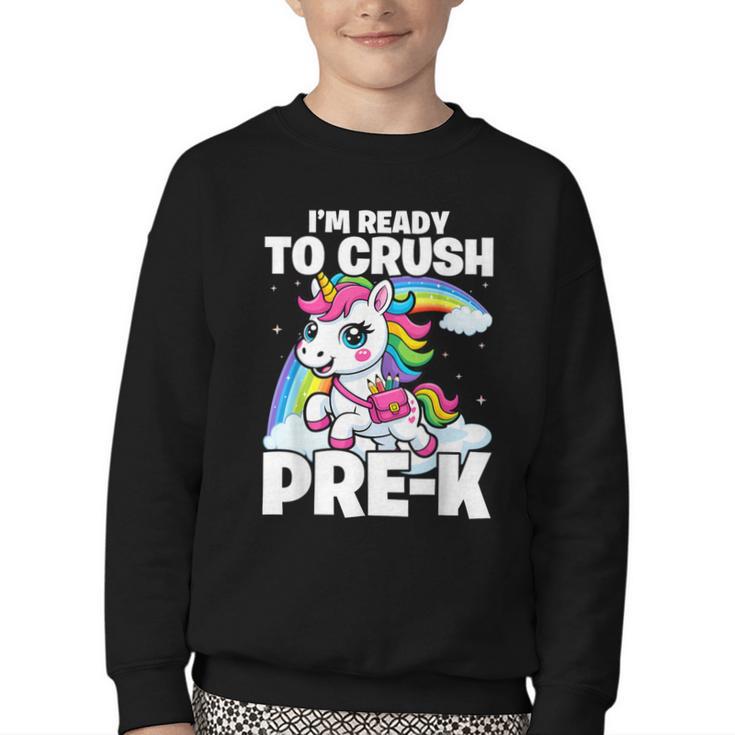 Crush Pre-K Girls Back To School Unicorn First Day Preschool Youth Crewneck Sweatshirt
