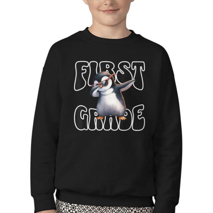 Cute Dabbing Penguin First Grade Back To School Youth Crewneck Sweatshirt