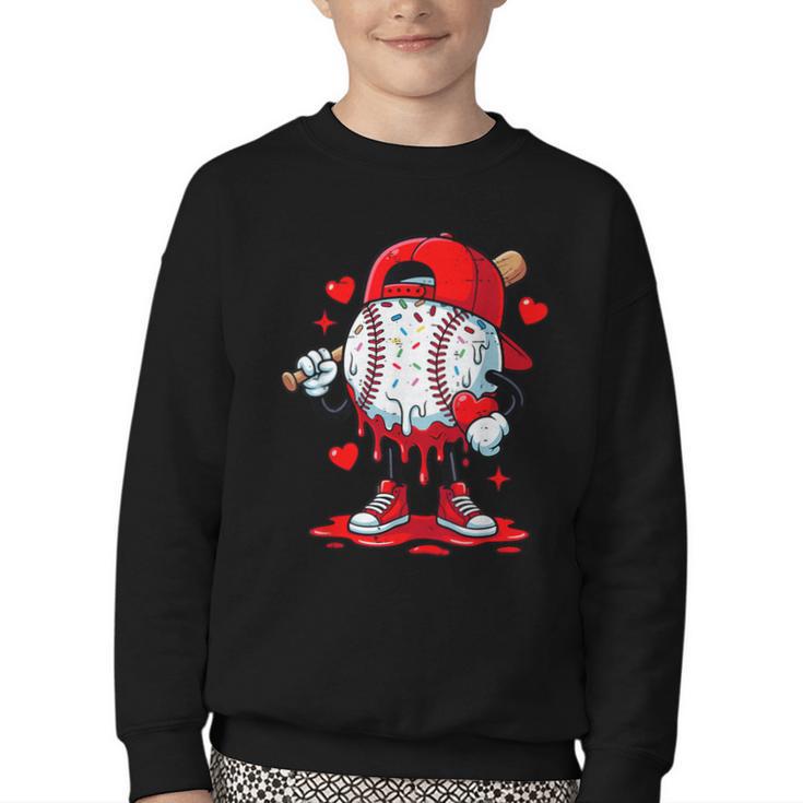 Cute Game Day Baseball Ice Cream Drip Valentine Love XOXO Youth Crewneck Sweatshirt