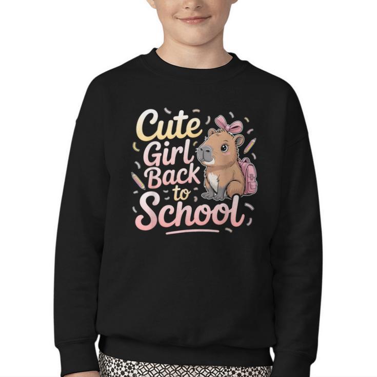 Cute Girl Back To School Capybara First Day Of School Kids Youth Crewneck Sweatshirt