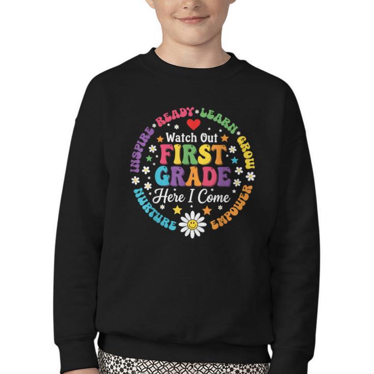 Cute Watch Out First Grade Here I Come Back To School Youth Crewneck Sweatshirt