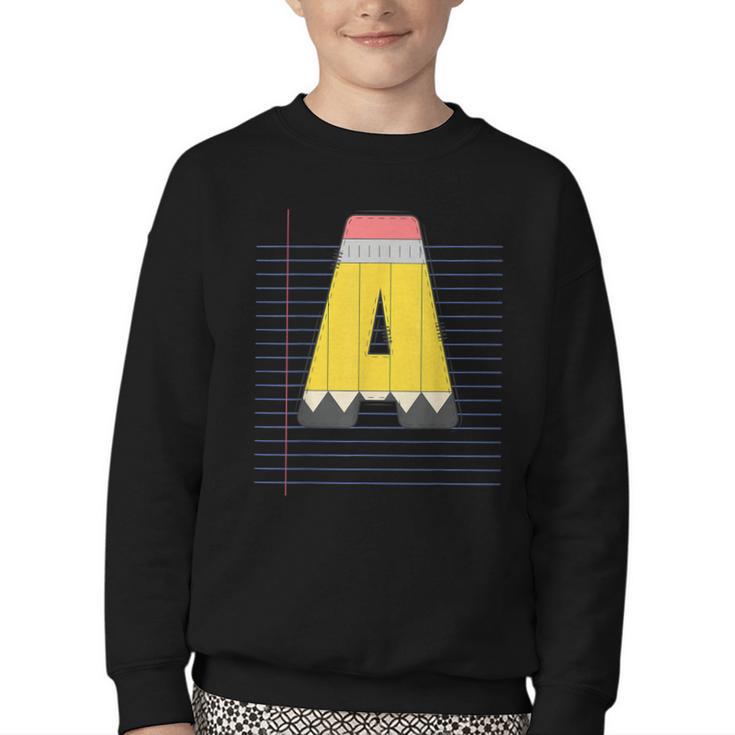 Cute Yellow School Pencil Alphabet Letter A Back To School Youth Crewneck Sweatshirt