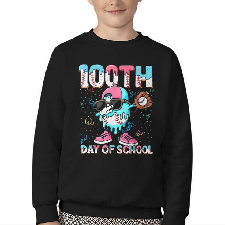 Dabbing Drippy 100th Days Of School Baseball Ice Cream Drip Youth Crewneck Sweatshirt
