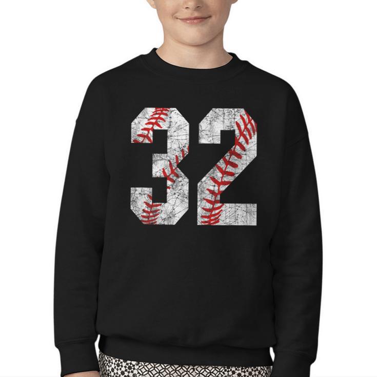 Distressed Baseball Number 32 Jersey Uniform Player Fan Youth Crewneck Sweatshirt