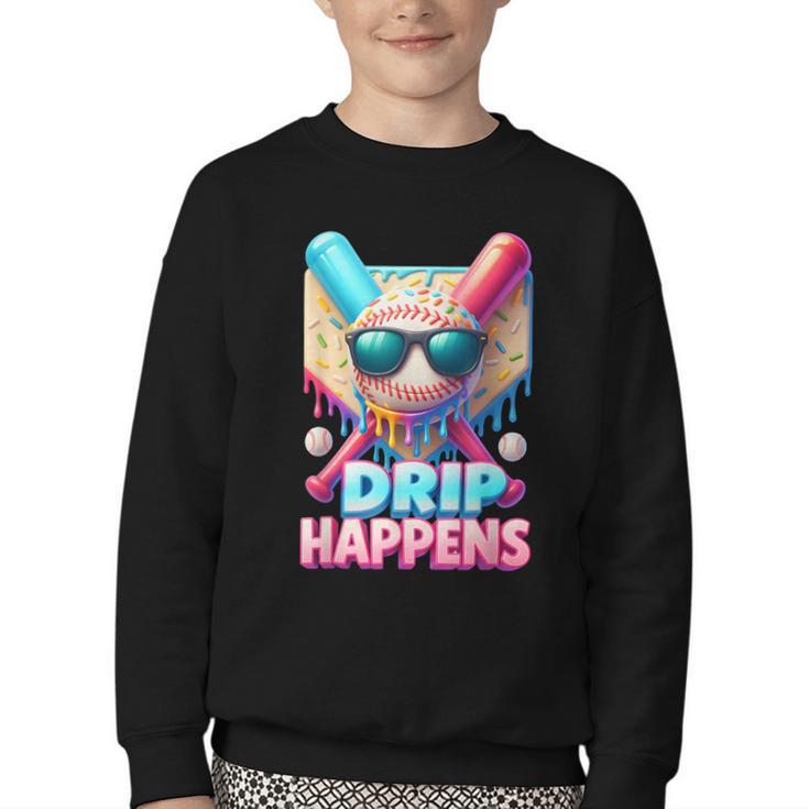Drip Happens Baseball Ice Cream Bat And Ball With Sunglasses Youth Crewneck Sweatshirt