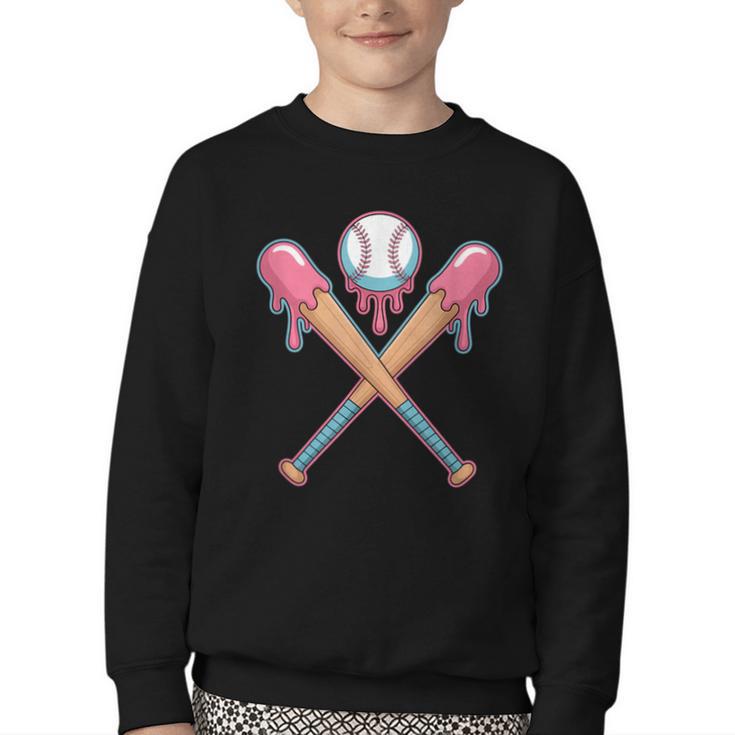 Dripping Pink Baseball Crossed Bats Summer Youth Crewneck Sweatshirt