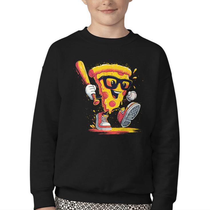 Drippy Pizza Baseball Slice Cartoon Sports Food Youth Crewneck Sweatshirt
